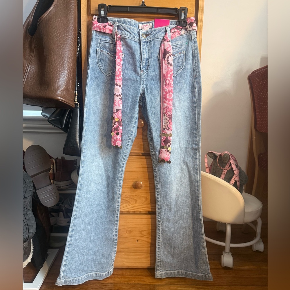 Candie's Light Blue Y2K Denim Flare Jeans with Pink Floral Tie Belt